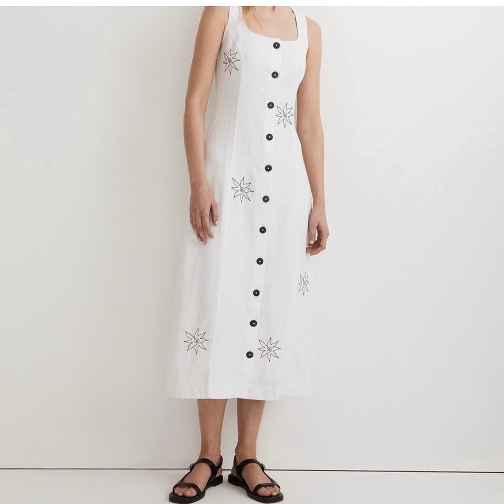 Madewell Linen Embroidered Button Front Midi Dress White Black Size 4 NWT - Picture 2 of 7